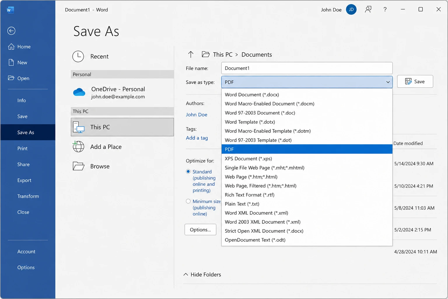 How to Convert PNG to PDF: 7 Methods That Actually Work: Image 3 - Microsoft Word "Save As" dialog with PDF selected in the file type dropdown