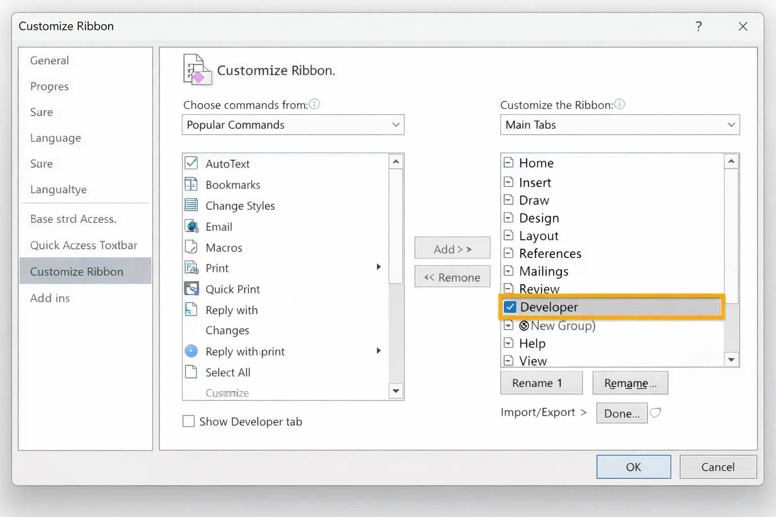 How to Create a Fillable PDF in Minutes (Every Method That Works): Image 2 - Word's "Customize Ribbon" dialog with the Developer checkbox highlighted