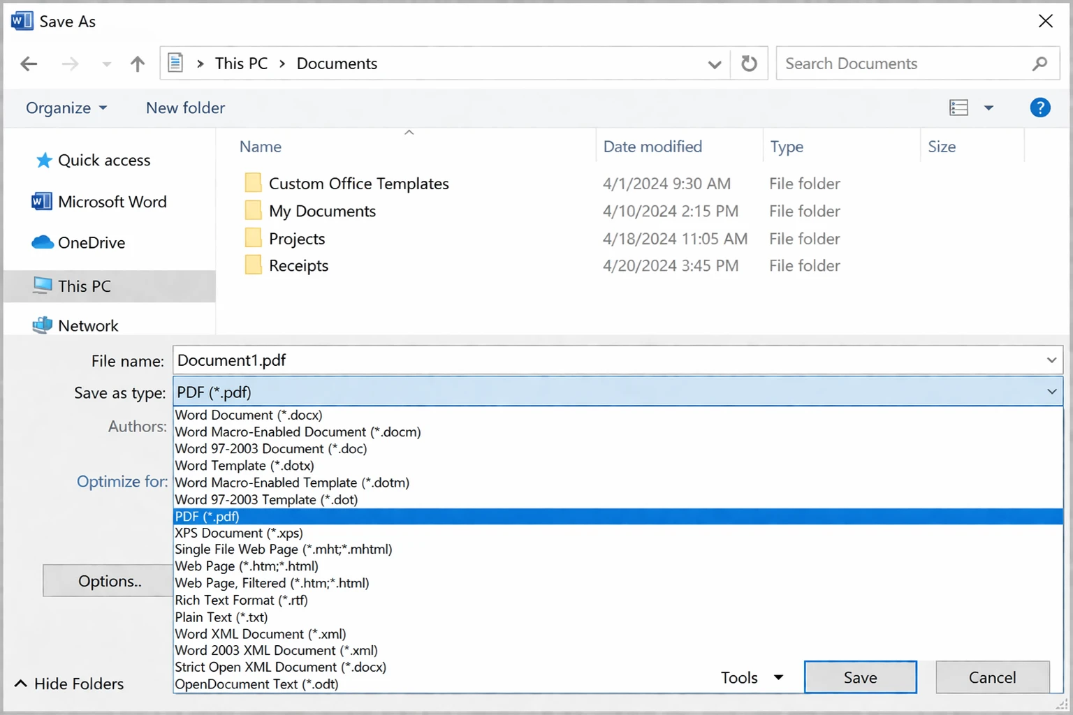 How to Create a Fillable PDF in Minutes (Every Method That Works): Image 3 - Word's Save As PDF dialog with the options dropdown expanded