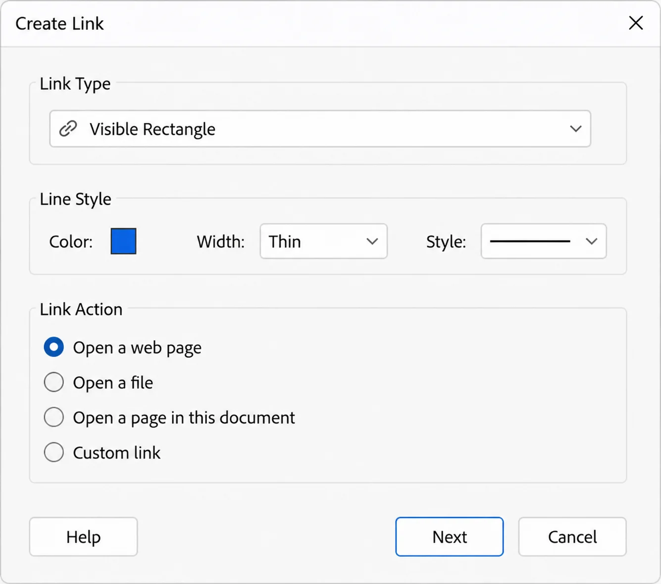 Create Link dialog showing Link Type, Line Style, and the four Link Action radio buttons