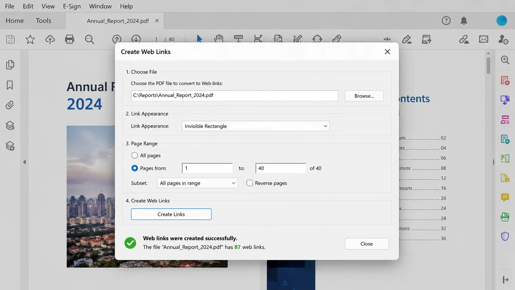 Create Web Links dialog with the page range field visible and the confirmation message