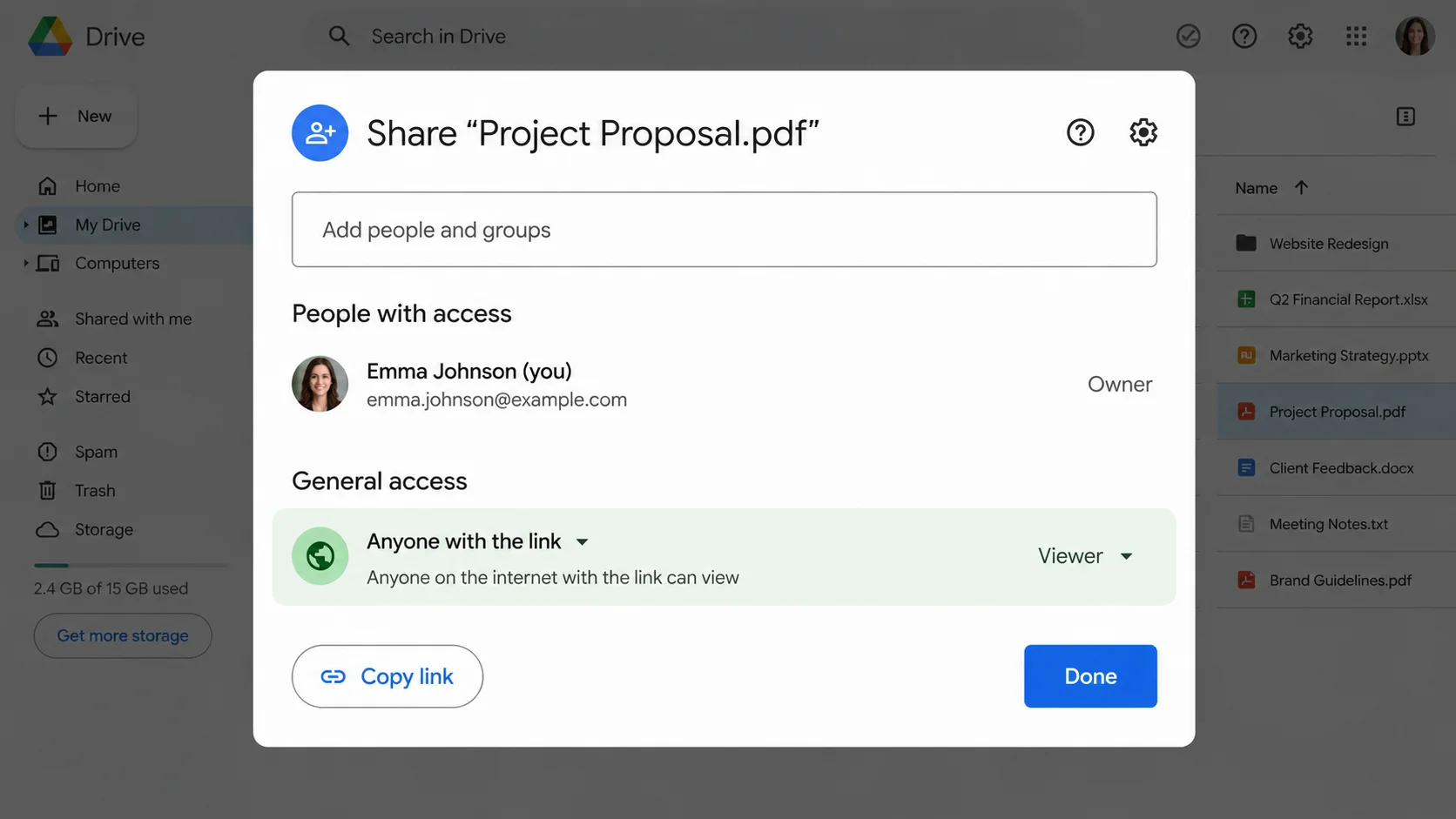 Google Drive share dialog with General access set to "Anyone with the link" and the Copy link button