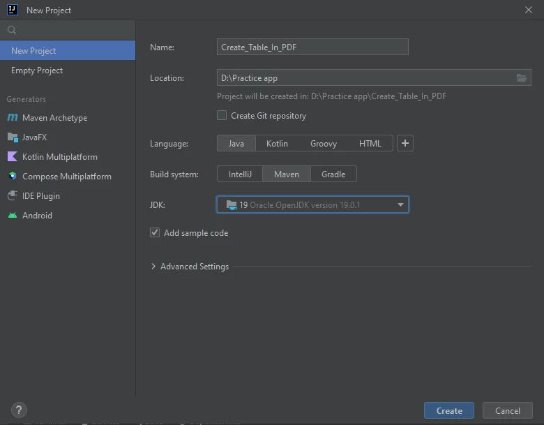 How to Add a Table to a PDF Using Java - Figure 1: IntelliJ IDE New Project Window