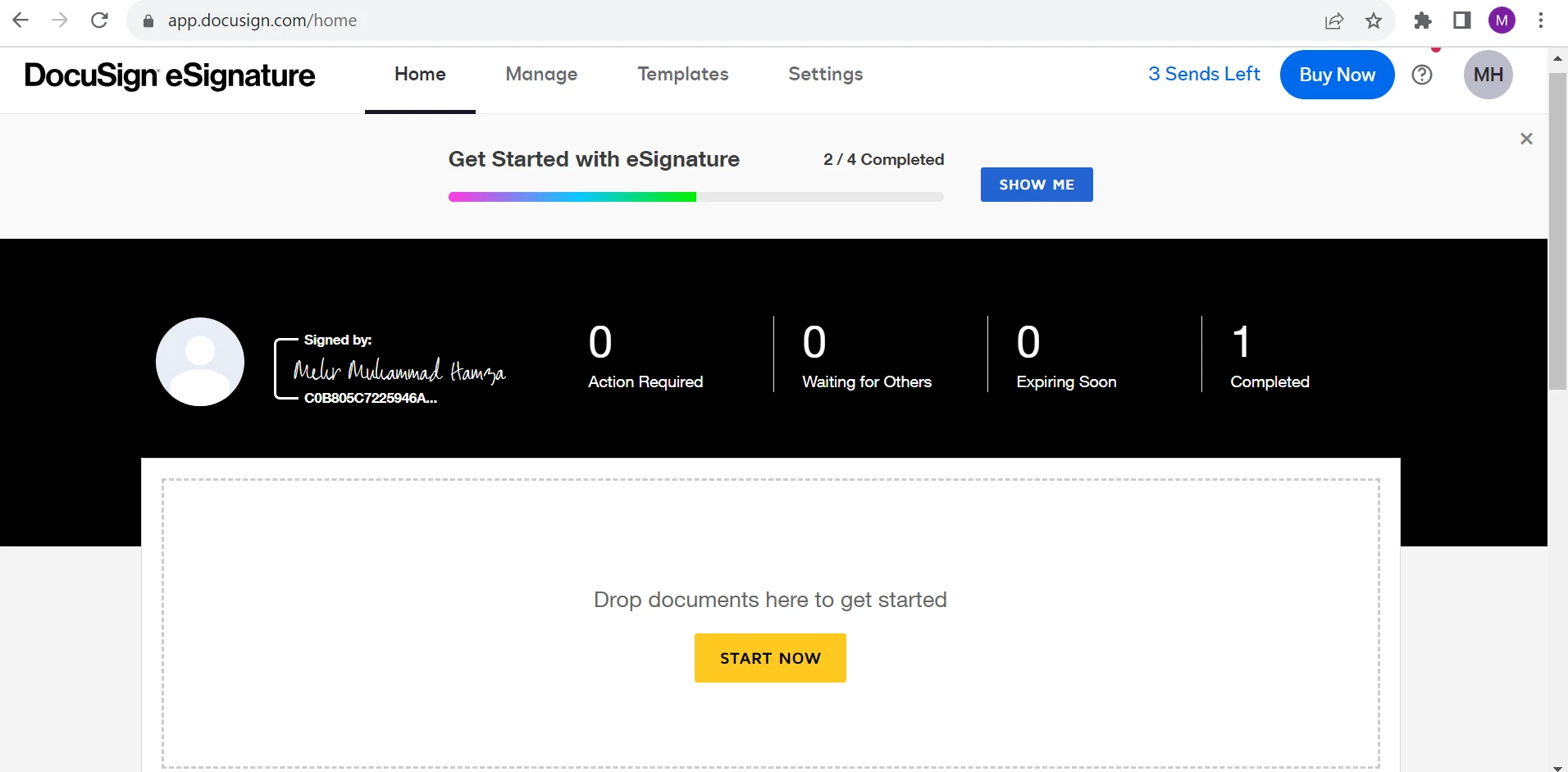 How to DocuSign a PDF (Beginner Guide): Figure 1 - DocuSign dashboard once you have successfully logged in.