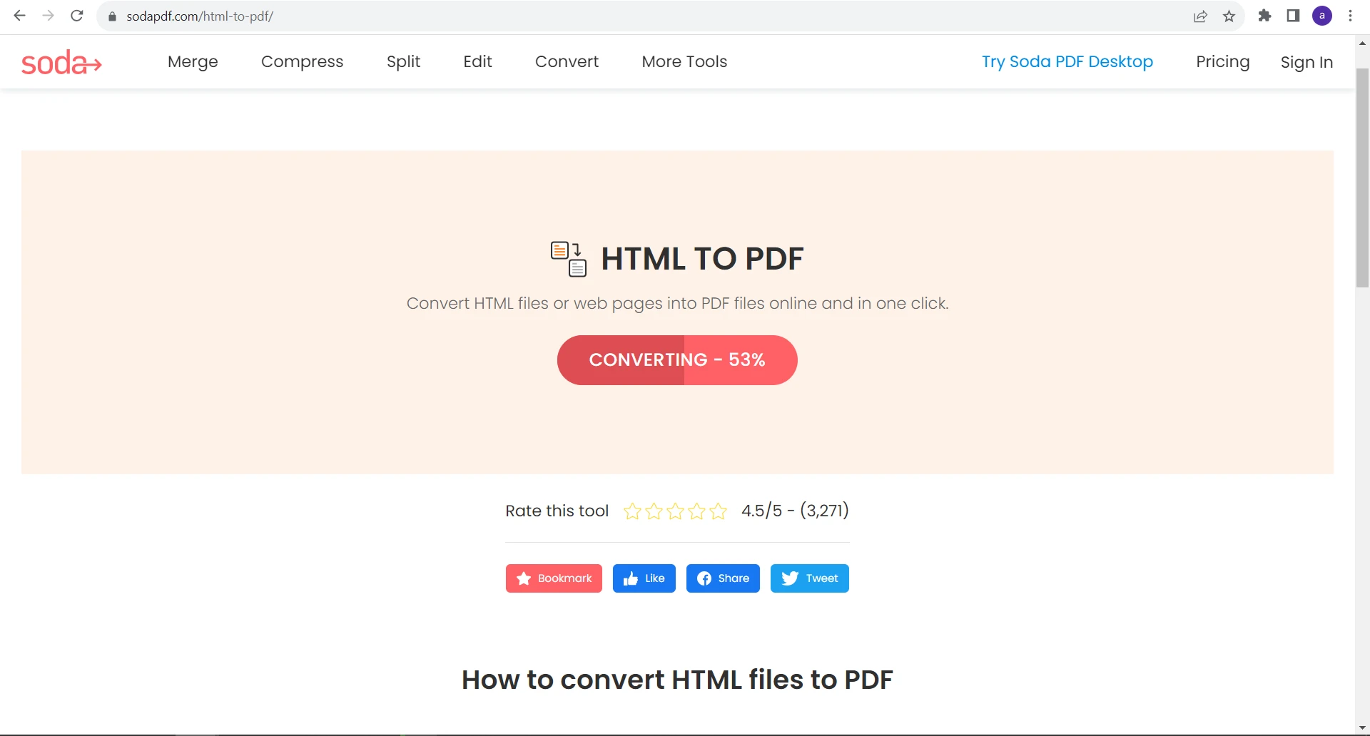 Figura 8 - El sitio web de SodaPDF con una conversión de HTML a PDF en curso.