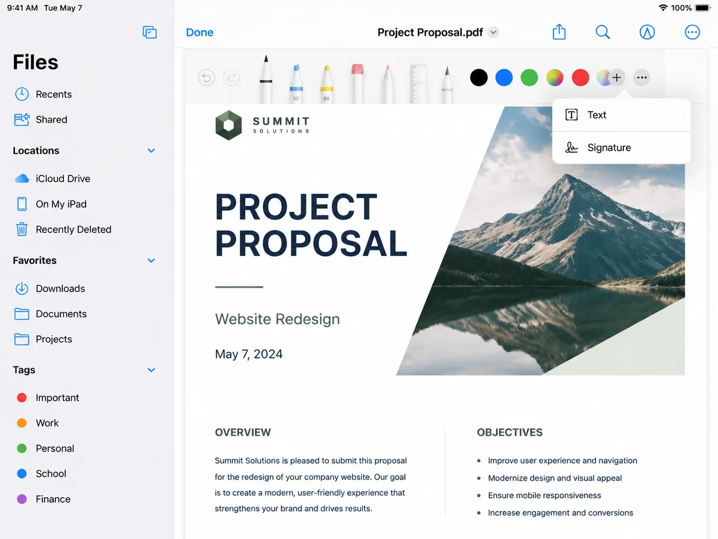 Markup toolbar expanded with the "+" menu open, showing Text and Signature options