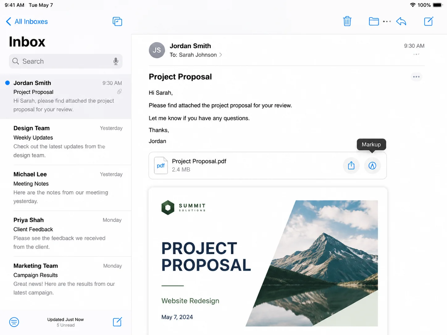 An email attachment preview with the Markup option visible in the toolbar