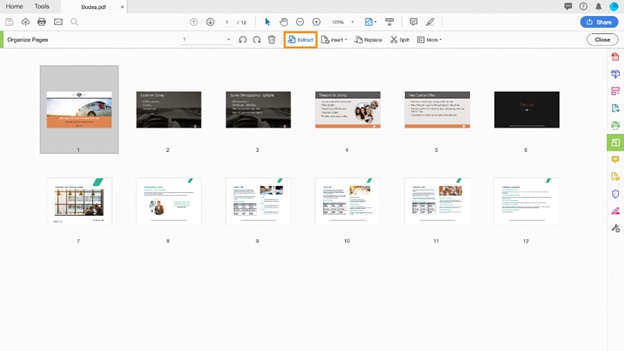 Extraer páginas de un archivo PDF paso 4, seleccione Extraer en el menú superior