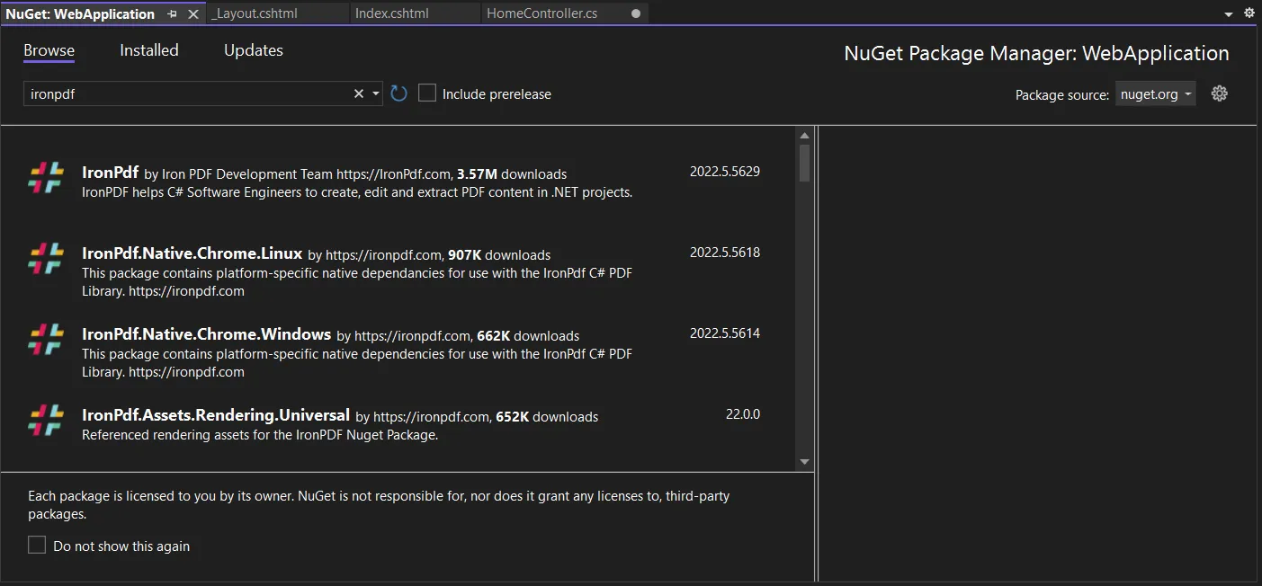 How to Generate PDF in ASP.NET Using C#, Figure 6: Install IronPdf package in NuGet Package Manager UI