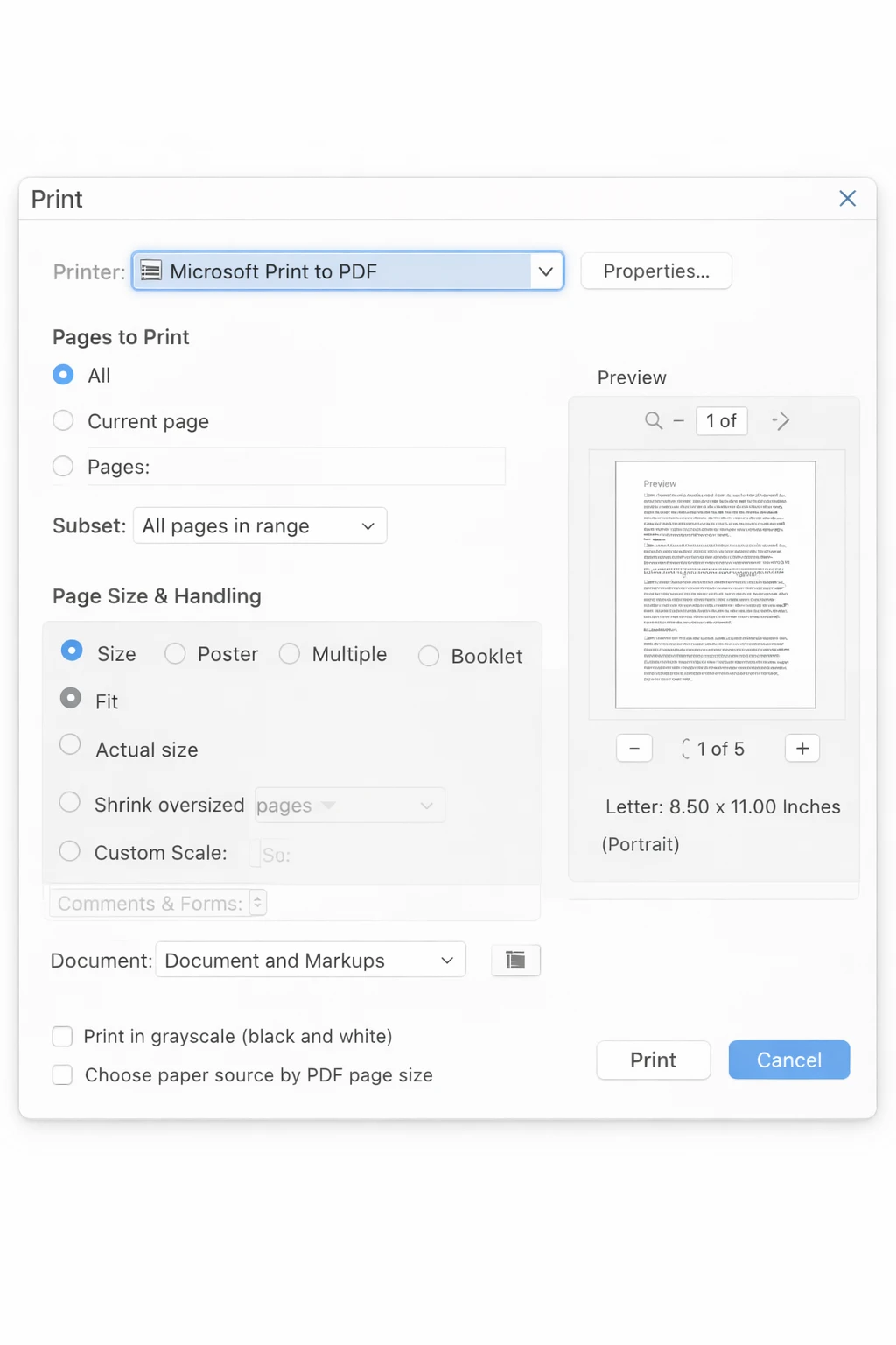 How to Reduce PDF File Size: Every Method That Actually Works: Image 3 - Show the Print dialog with “Microsoft Print to PDF” selected as the printer destination