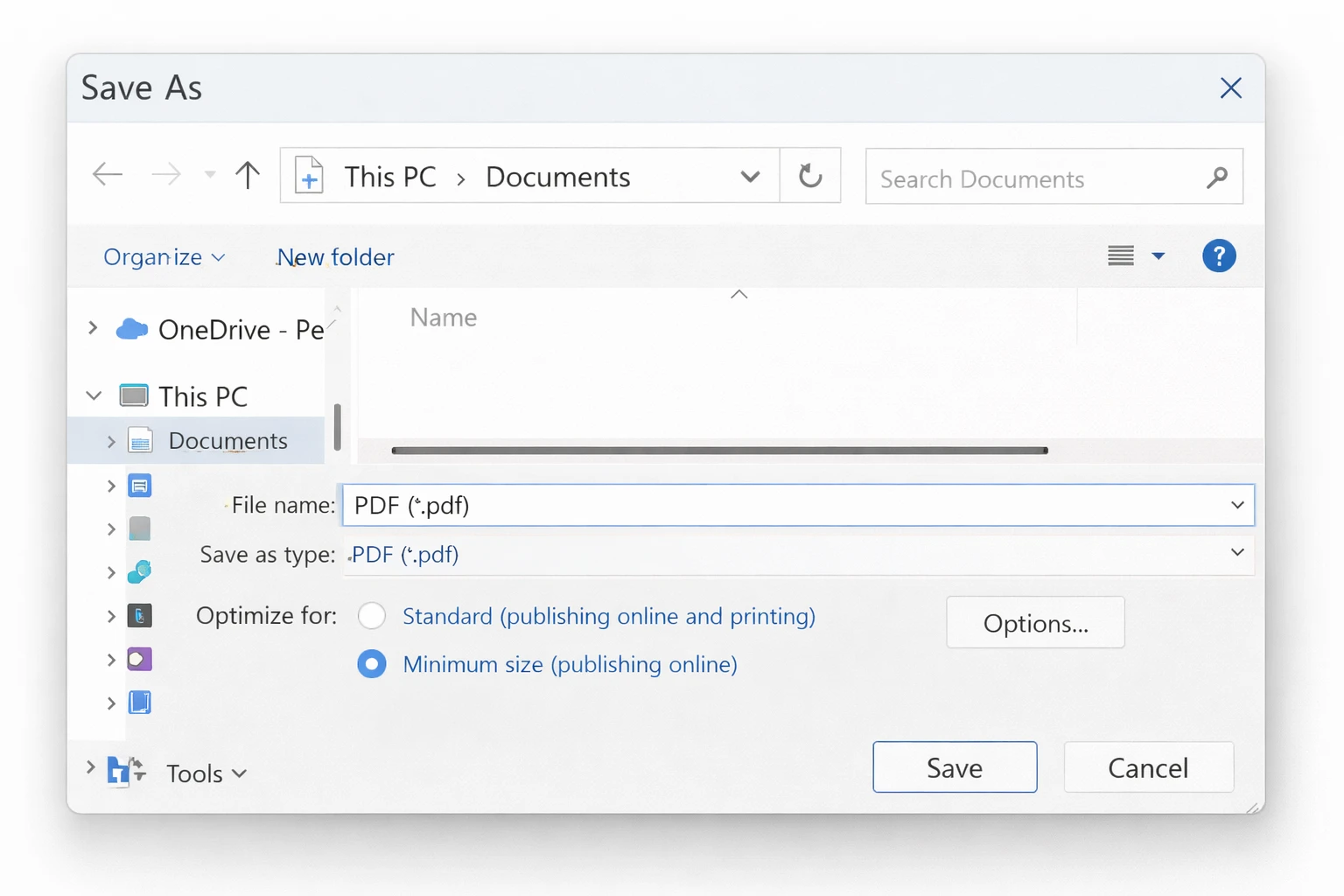 How to Reduce PDF File Size: Every Method That Actually Works: Image 4 - Word Save As dialog with the PDF format selected and the “Minimum size” radio button visible