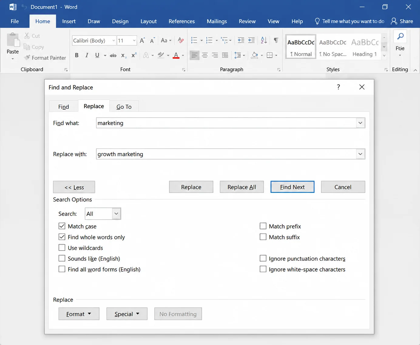 Word's Find and Replace dialog (Ctrl+H) with "More >>" expanded to show Match Case