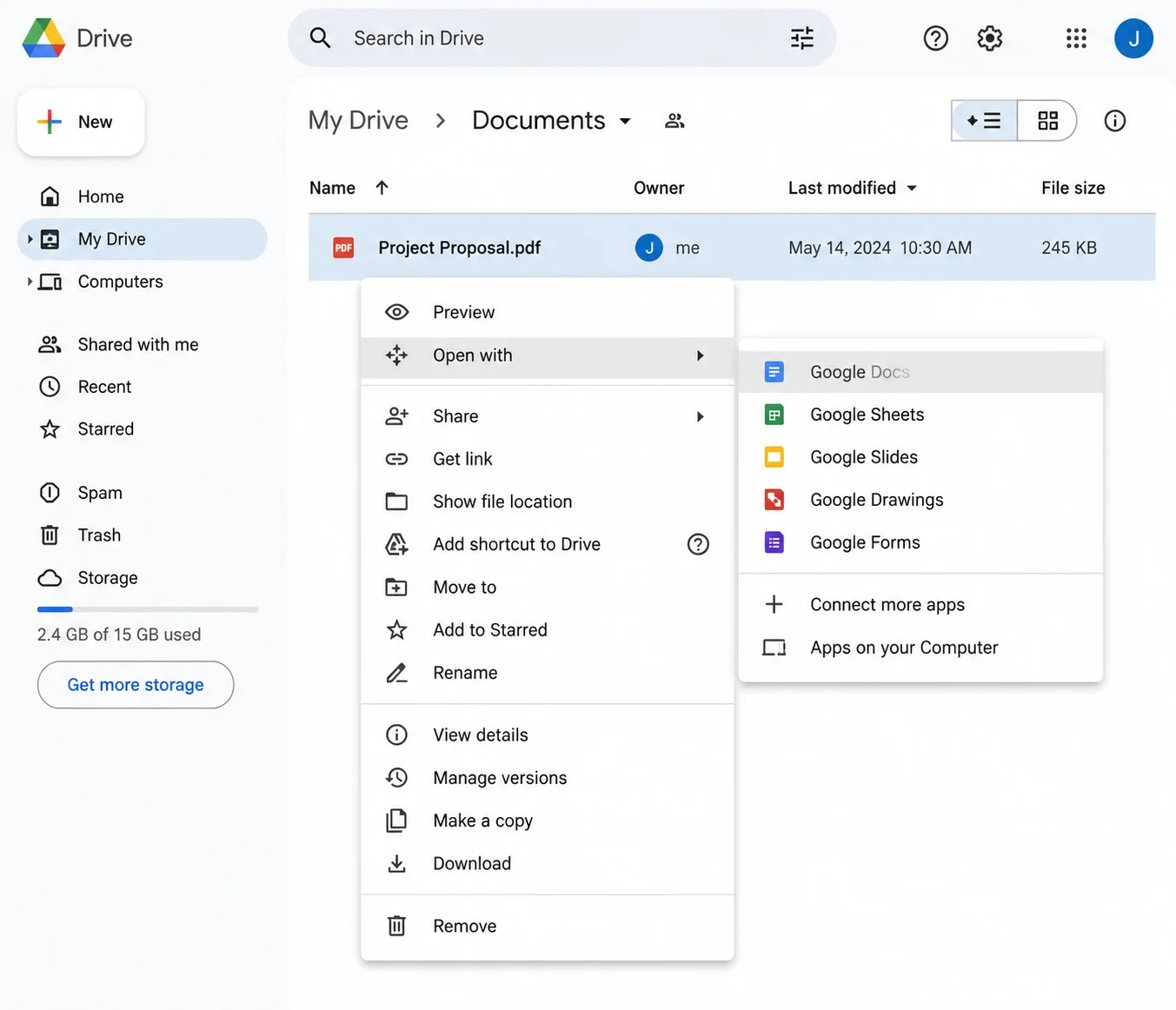Google Drive right click menu showing "Open with > Google Docs" on a PDF file