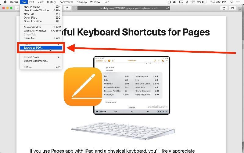 How to save a webpage as PDF on Mac with Safari by using Export as PDF