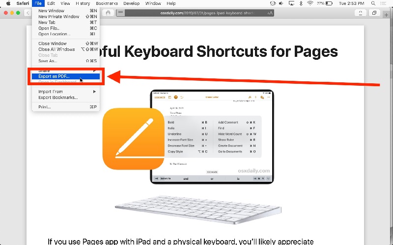 Cómo guardar una página web como PDF en Mac con Safari mediante Exportar como PDF