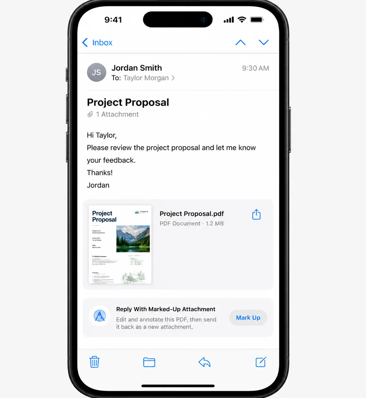 An email attachment preview with the "Reply With Marked-Up Attachment" prompt visible
