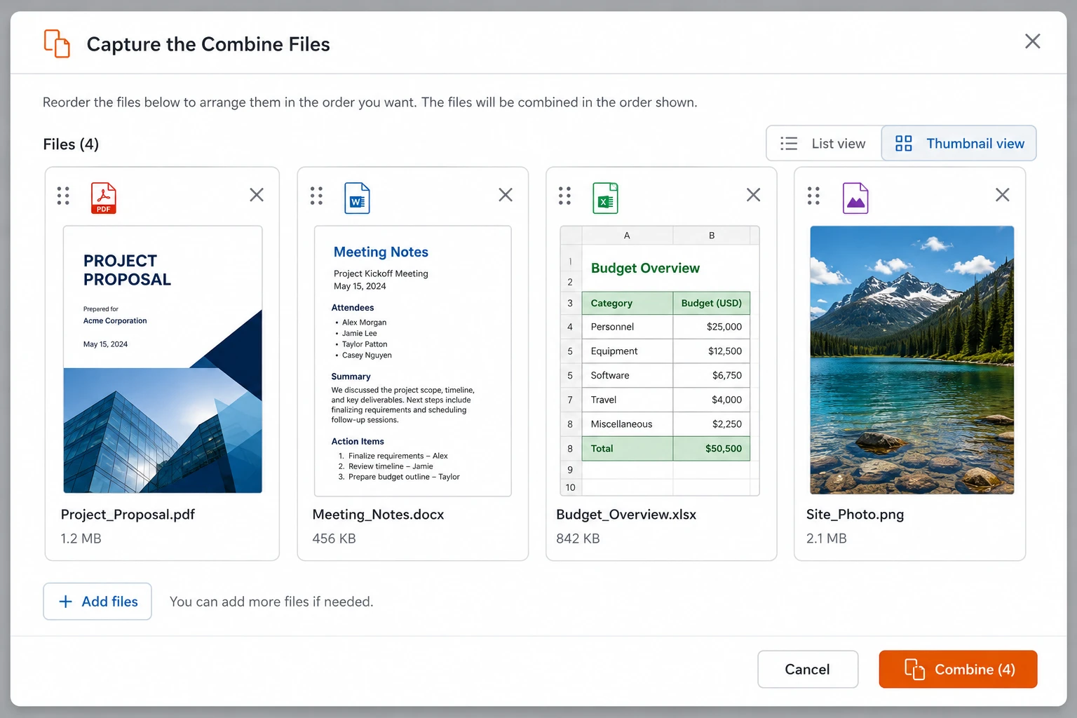 How to Unite PDF Files: 8 Reliable Methods (Step-by-Step): Image 2 - Capture the Combine Files dialog with a mix of PDF, Word, Excel, and PNG files visible in the thumbnail