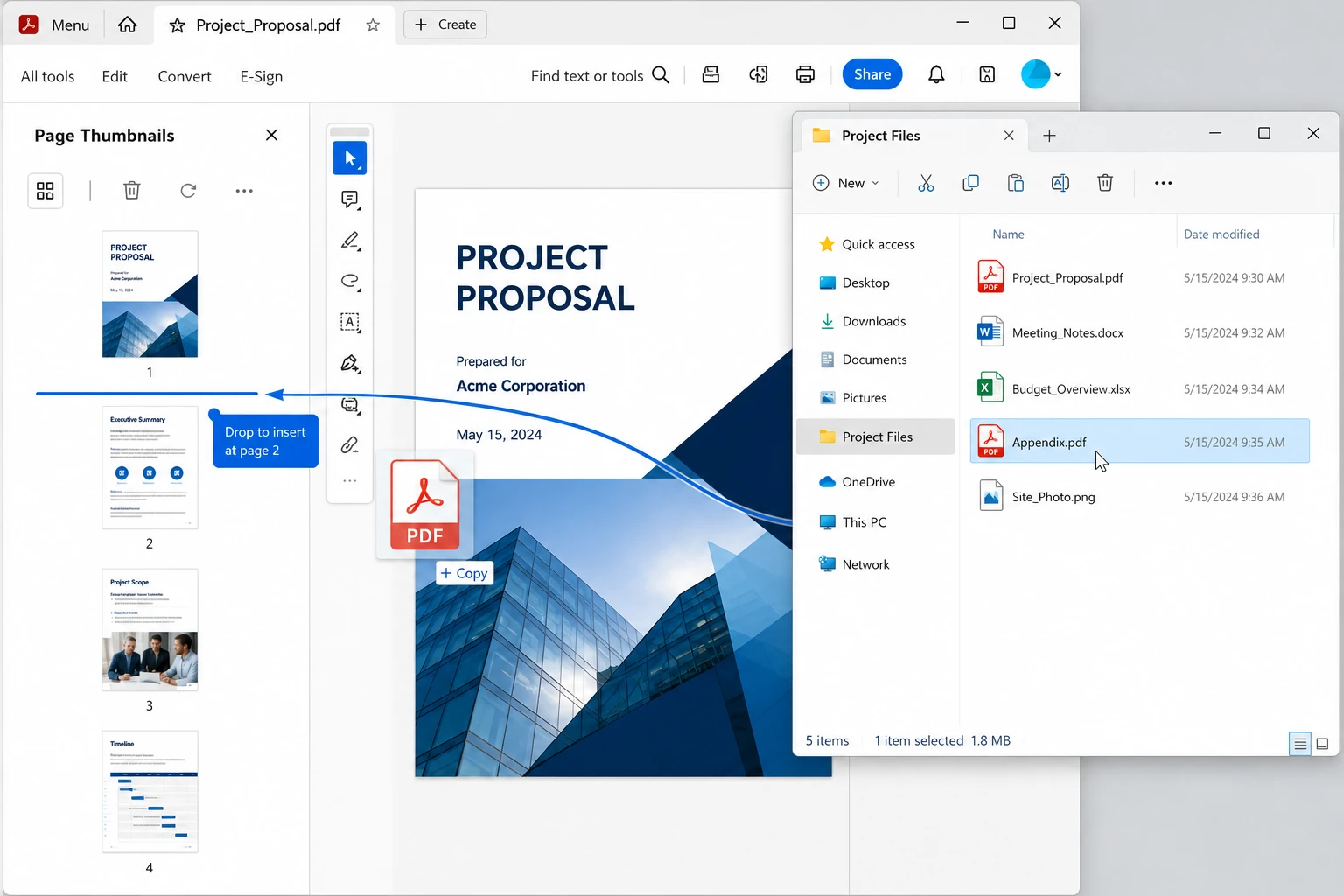 How to Unite PDF Files: 8 Reliable Methods (Step-by-Step): Image 3 - Page Thumbnails panel with a PDF being dragged in from File Explorer, including the visible insertion guide
