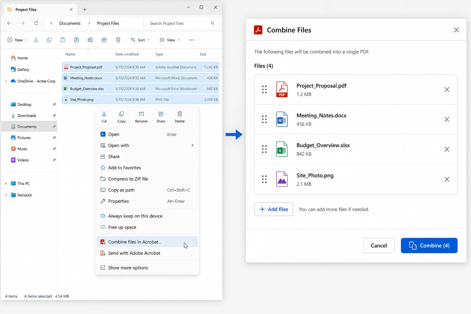 How to Unite PDF Files: 8 Reliable Methods (Step-by-Step): Image 4 - Right-click context menu in File Explorer with the Combine files in Acrobat option