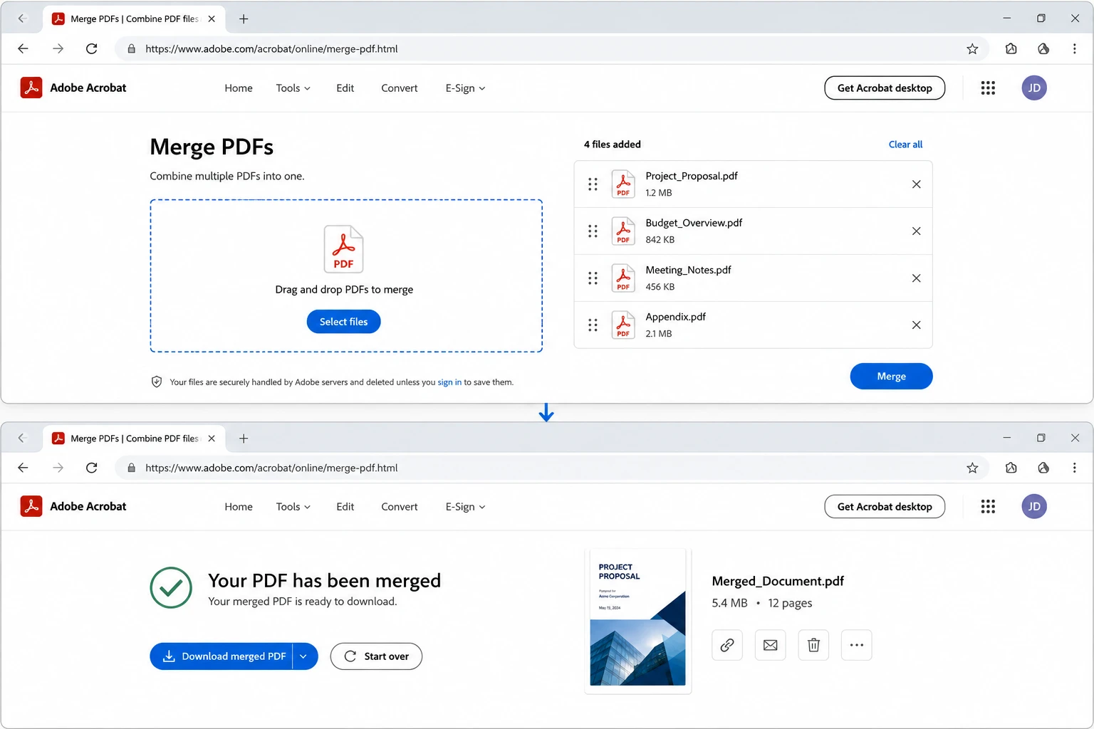 How to Unite PDF Files: 8 Reliable Methods (Step-by-Step): Image 6 - A browser tab showing the merge tool's drop zone with several PDFs queued up for combining