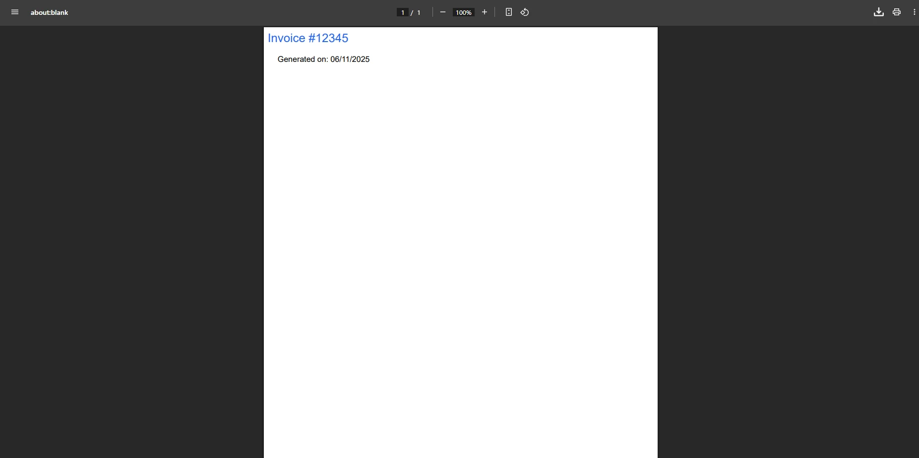 Sample PDF output generated by PuppeteerSharp showing invoice with CSS styling and JavaScript-generated content