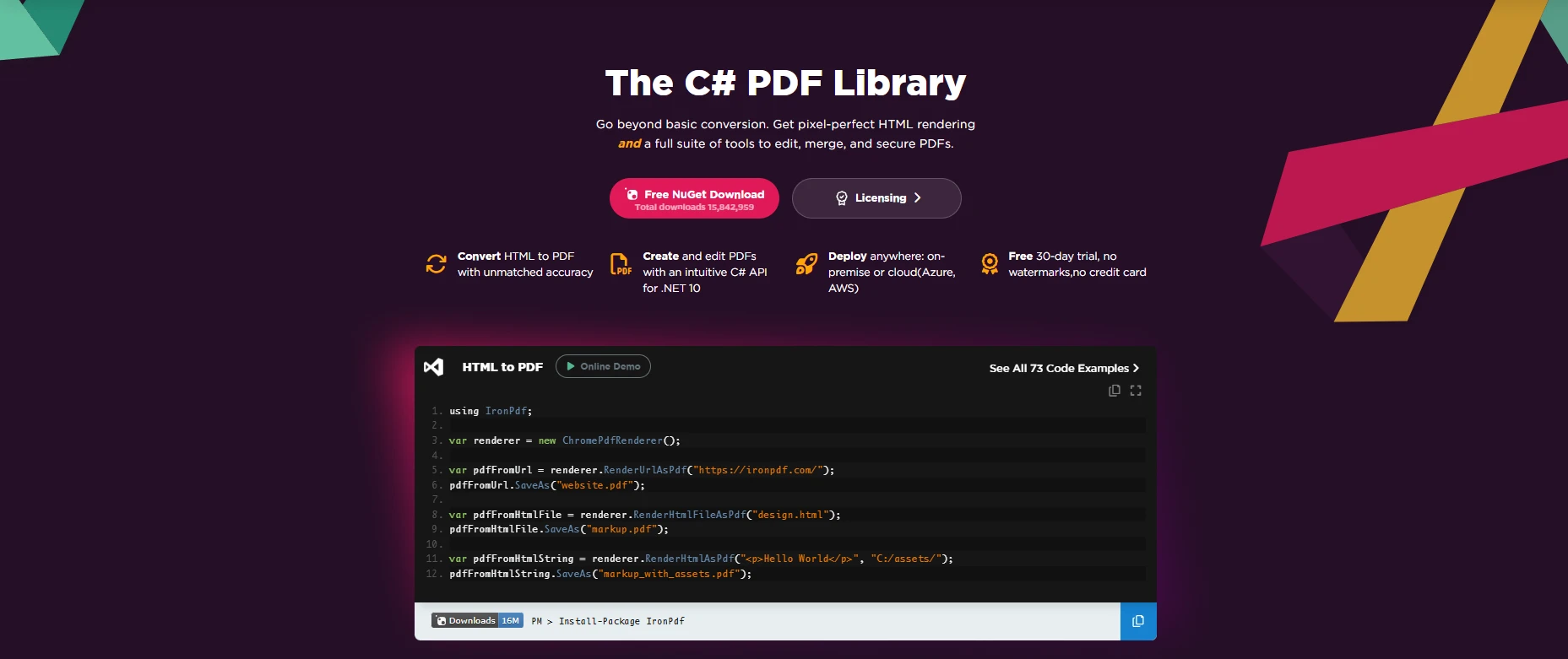 IronPDF logo and visual representation of its Chrome-based PDF rendering engine architecture