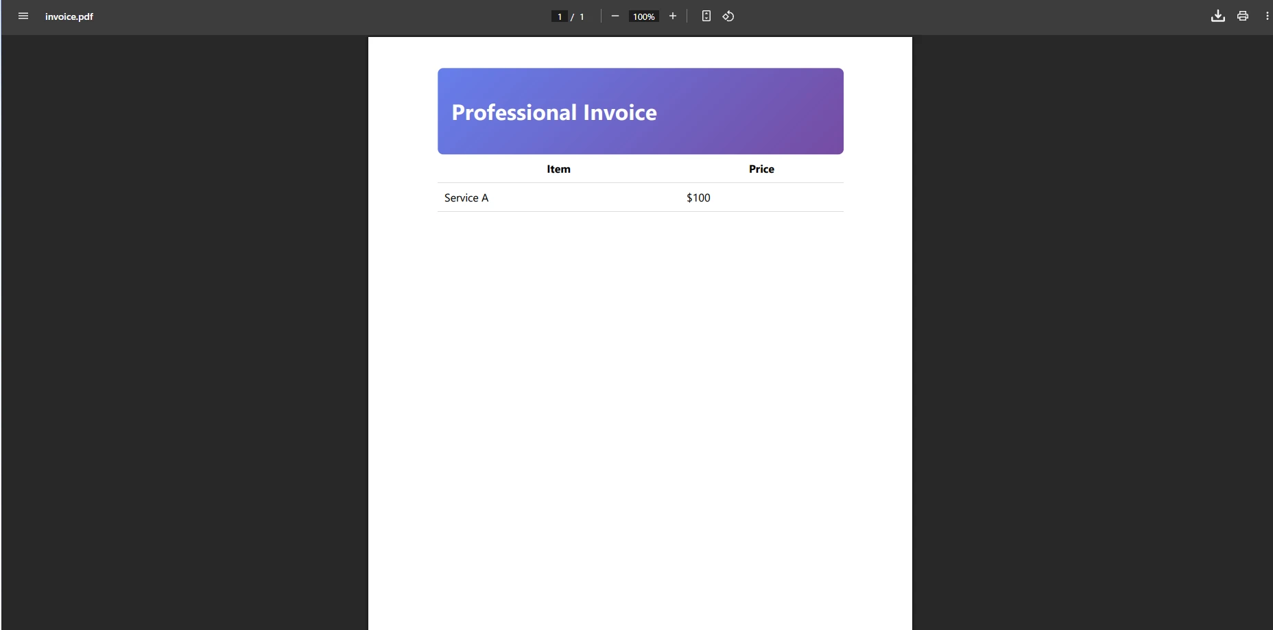 Professional invoice PDF generated by IronPDF showing gradient headers, tables, and pixel-perfect CSS rendering
