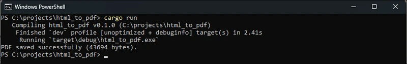How to Convert HTML to PDF in Rust: Figure 3 - cargo run output