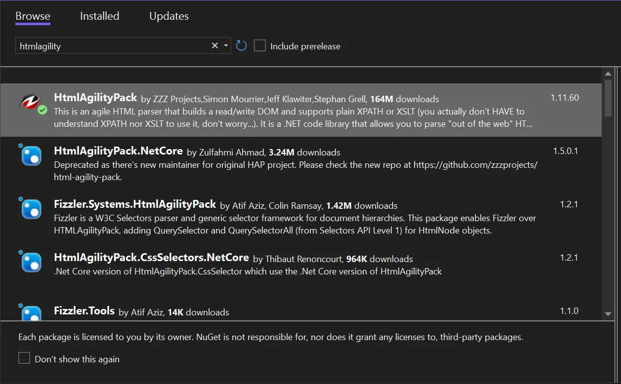 Html Agility Pack C#（开发人员如何使用）：图 1 - 使用 NuGet 软件包管理器搜索 HtmlAgilityPack 并安装