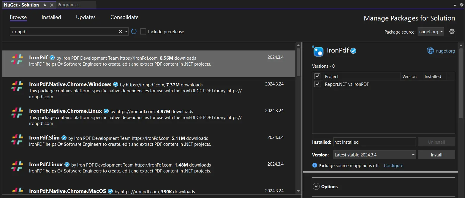 Html 敏捷包 C# (如何为开发人员服务)：图 3 - 在 NuGet Package Manager 的搜索栏中搜索 IronPdf，使用 Manage NuGet Package for Solution 安装 IronPDF，然后选择项目并点击安装按钮。