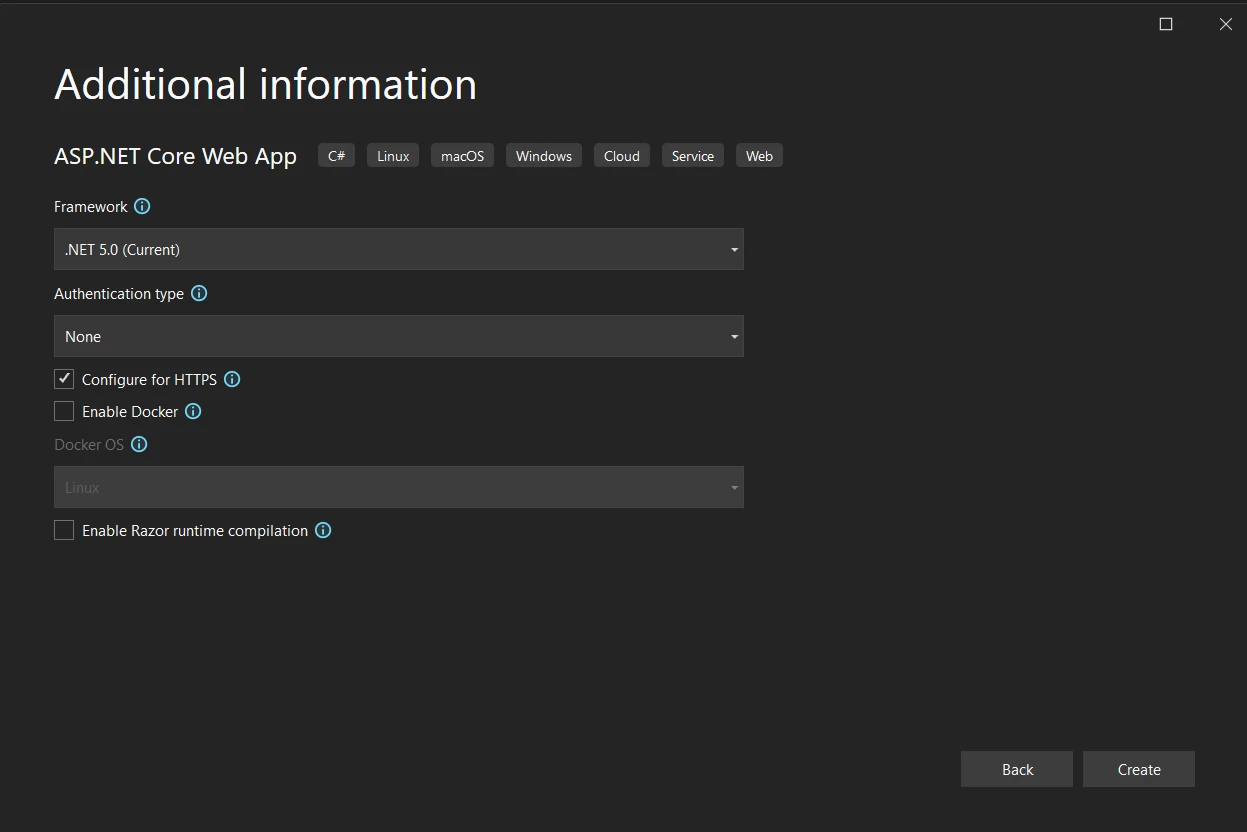 Servidor de identidad .NET (Cómo funciona para los desarrolladores): Figura 4 - Especifique información adicional como Framework, Tipo de autenticación, seleccione si desea configurar para HTTPs y habilitar Docker. A continuación, haga clic en Crear.