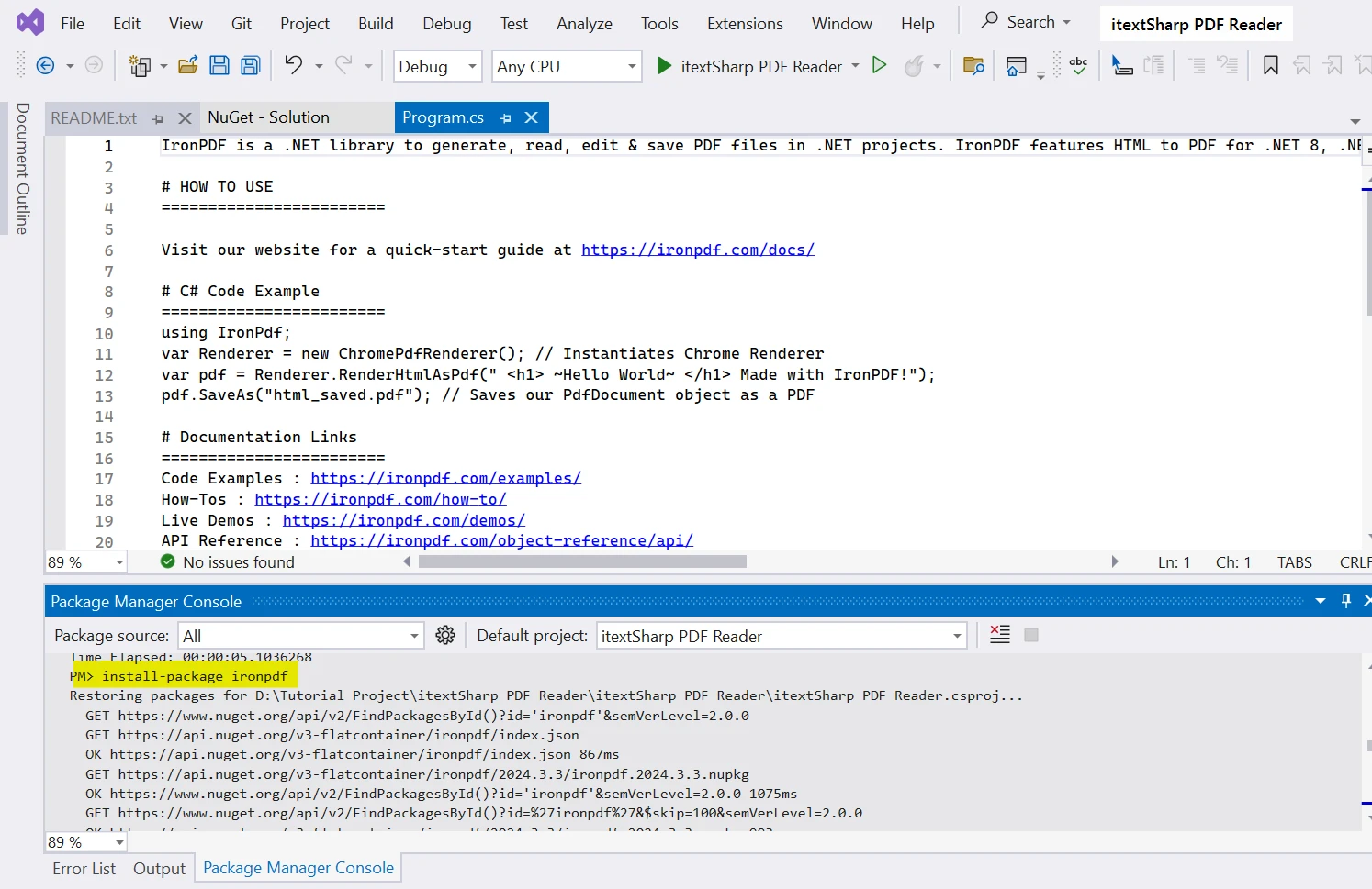 How to Read PDF Documents in C# using iTextSharp:: Figure 4 - Install IronPDF library using the NuGet Package Manager Console, enter the following command: "Install-package IronPDF"