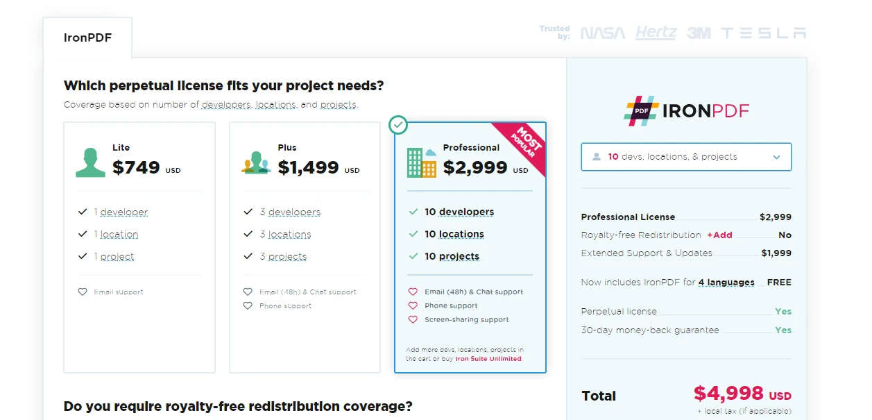 Java PDF Library Open Source (Free, and Paid Tools Comparison): Figure 4 - IronPDF licensing pricing 