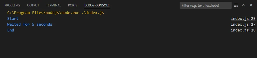 JavaScript Espere 5 segundos (Cómo funciona para los desarrolladores): Figura 1 - Salida de la consola con setTimeout de JavaScript()  y esperar 5000 milisegundos o 5 segundos. 