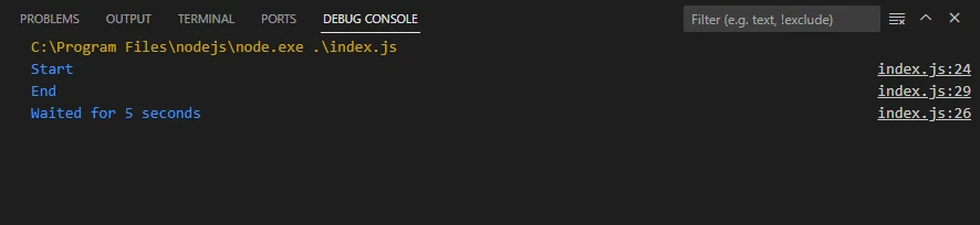 JavaScript Espere 5 segundos (Cómo funciona para los desarrolladores): Figura 3 - Salida de la consola con setInterval de JavaScript()  y esperar 5000 milisegundos o 5 segundos. . A continuación, borre el intervalo con clearInterval()  función.