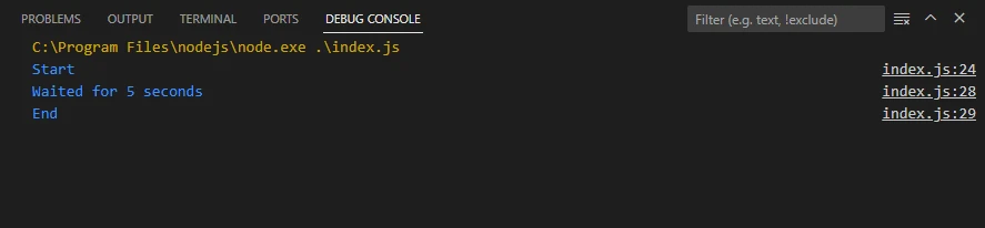 JavaScript Espera 5 Segundos (Cómo Funciona Para Desarrolladores): Figura 4 - Salida de consola usando una Promise y las funciones JavaScript delay() y then() y esperando 5 segundos.