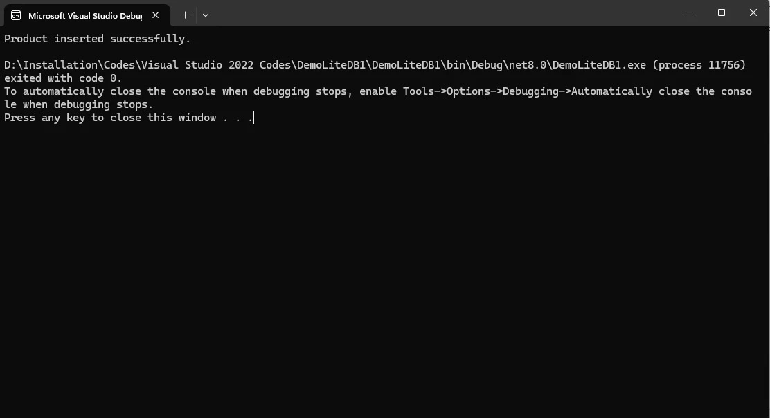 LiteDB .NET (How It Works For Developers): Figure 1 - Console output from the previous code