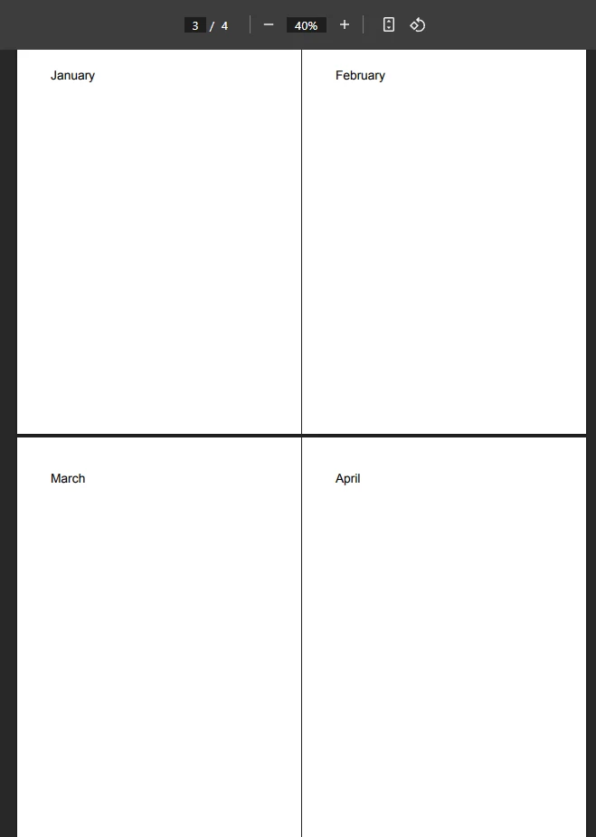 Screenshot of a PDF viewer showing a merged document with four pages labeled January, February, March, and April in a 2x2 grid layout with page numbers and visual indicators showing successful merge operation