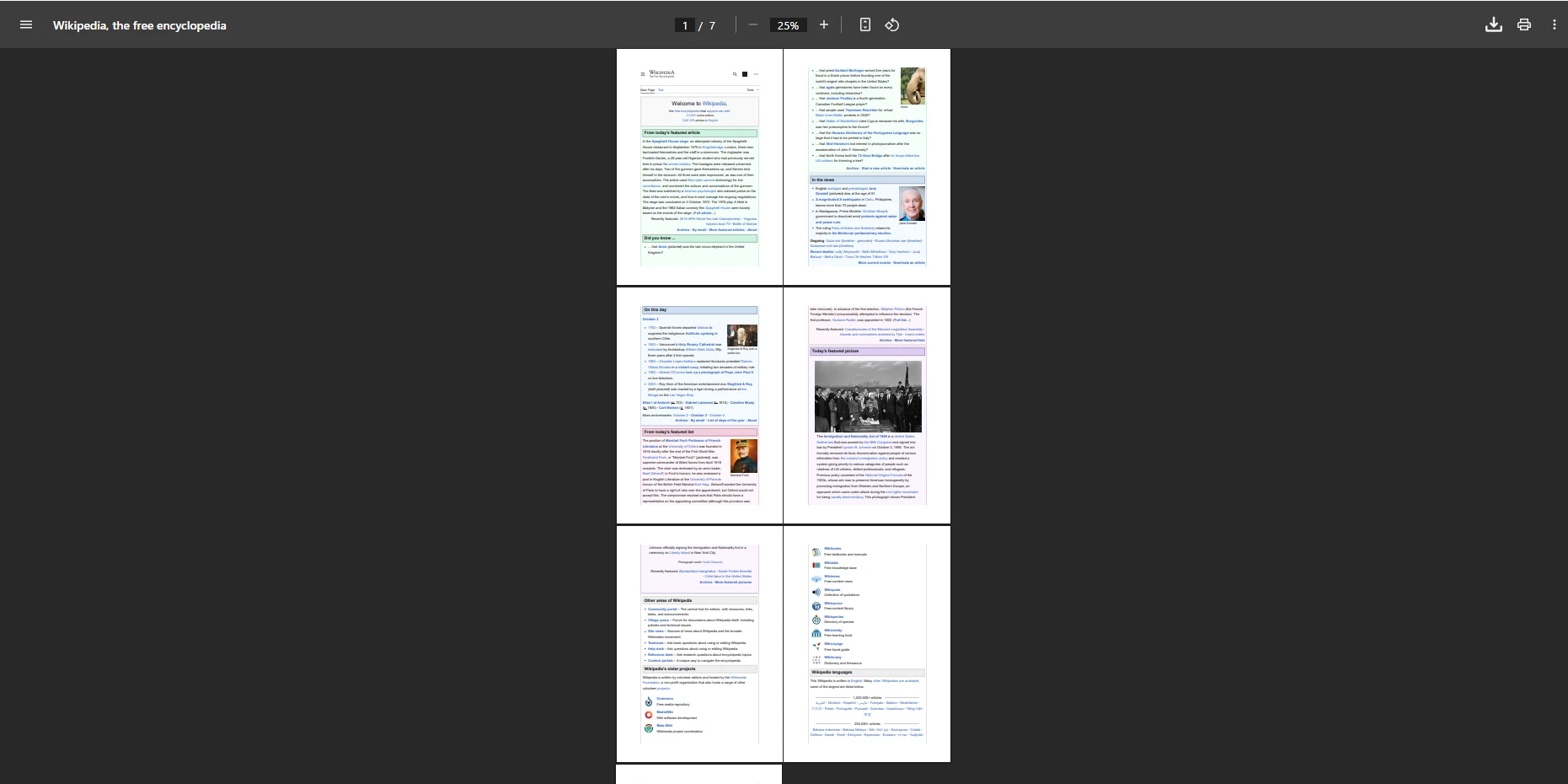 Screenshot of a Wikipedia PDF document in grid view showing multiple pages before merging, with annotations highlighting specific pages selected for the merge operation