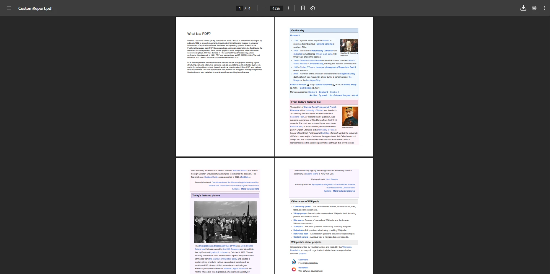 A PDF document showing merged content from multiple sources with visual indicators and annotations showing where different pages were combined, maintaining original formatting and structure