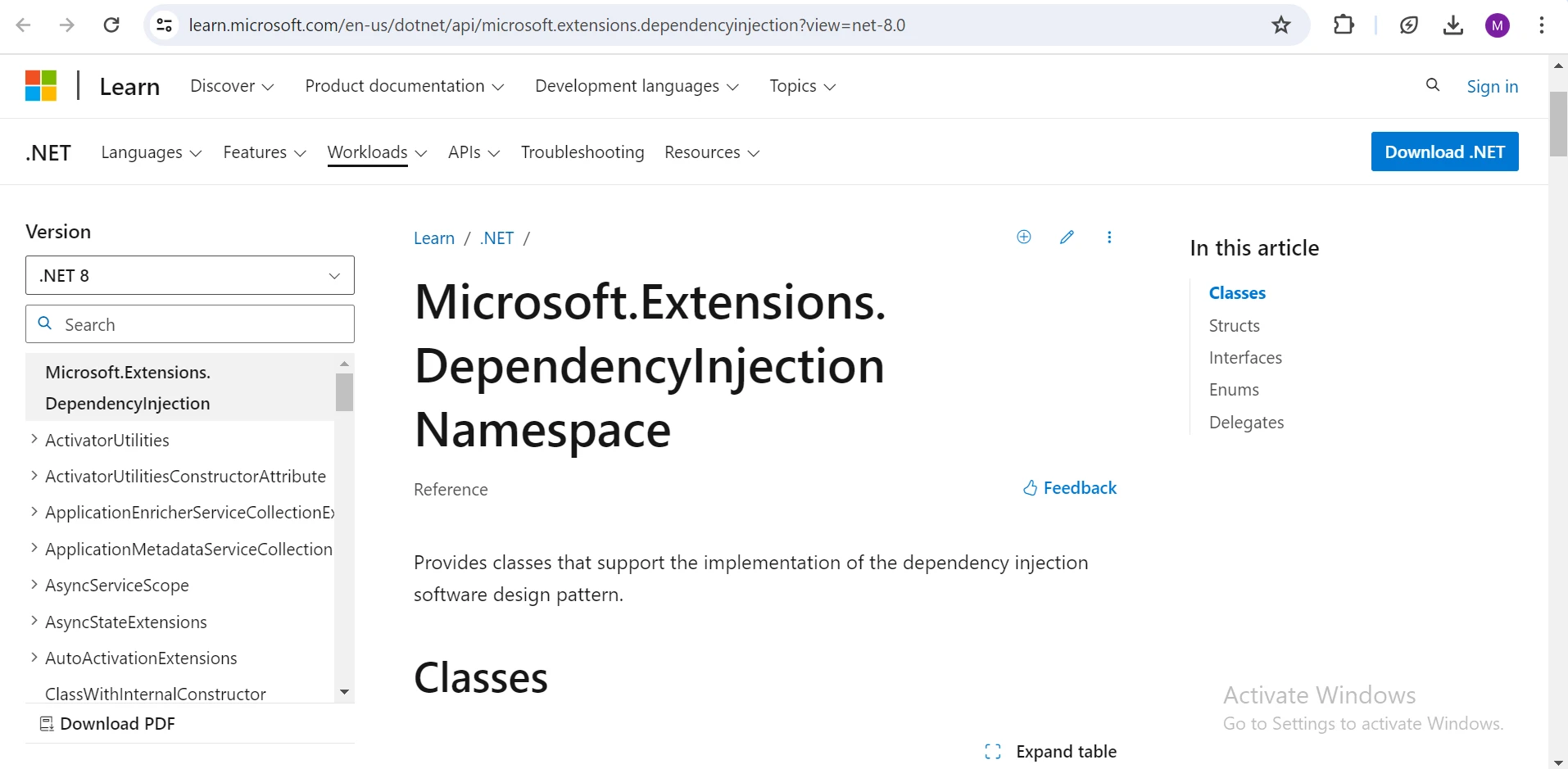 Microsoft.Extensions.DependencyInjection .NET 6 (Trabajar con PDF): Figura 1 - Documentación Microsoft.Extensions.DependencyInjectionName 