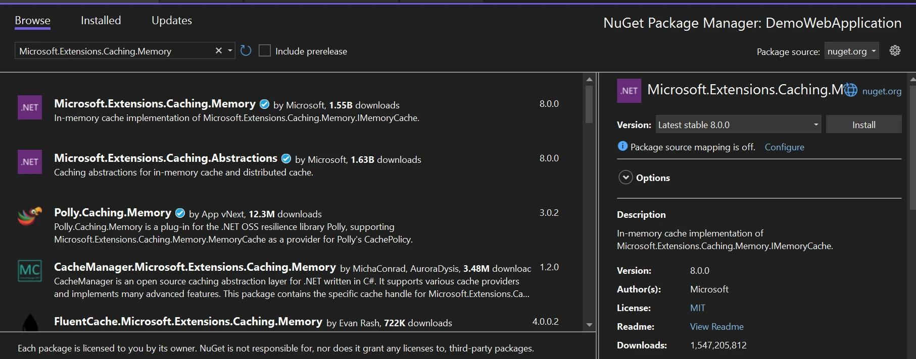 C#中的Microsoft.Extensions.Caching.Memory示例（含PDF）：图 1 - 在 NuGet 包管理器中搜索 Microsoft.Extensions.Caching.Memory 并安装