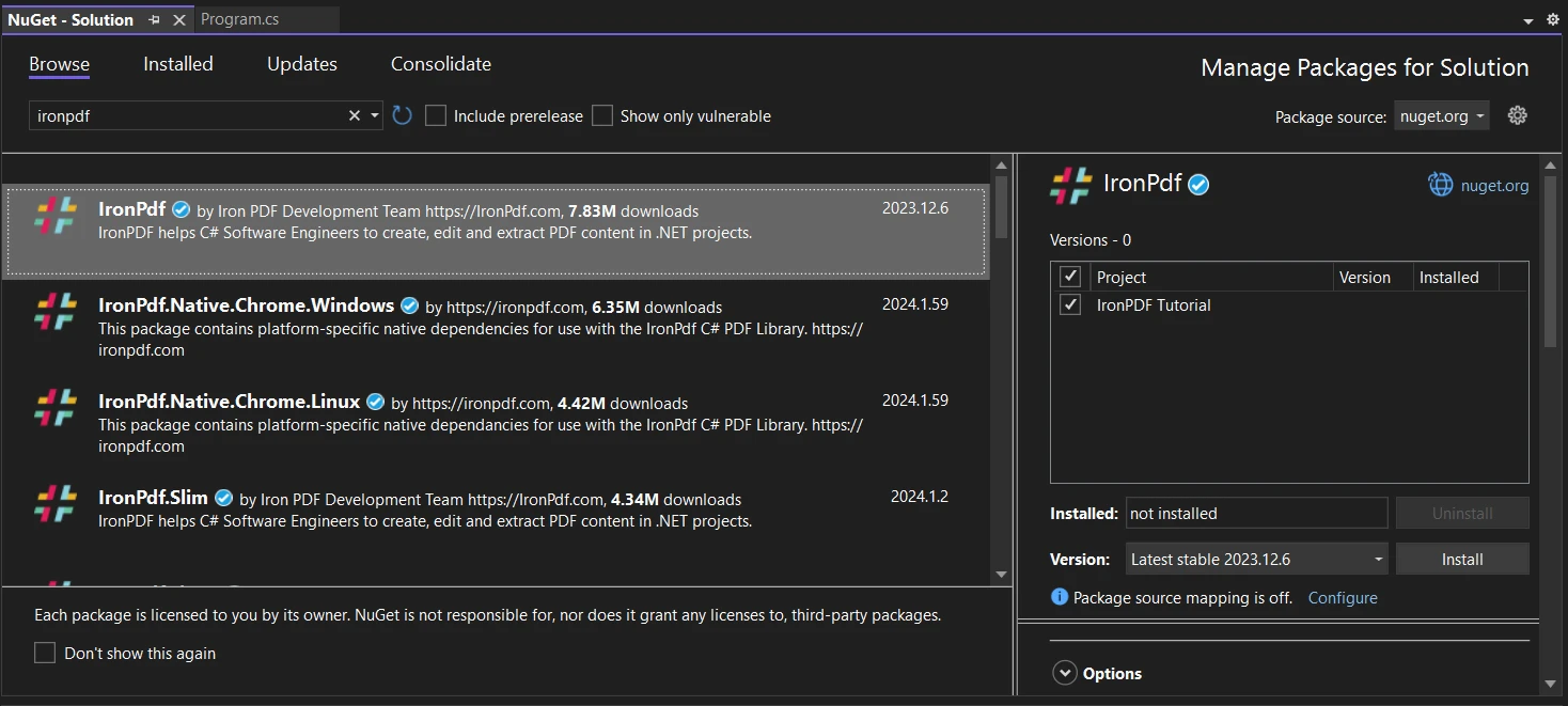 MSTest C# (How It Works For Developers): Figure 5 - You can install IronPDF library using NuGet Package Manager. Search for the package "ironpdf" in the Browse tab, then select and install the latest version of the IronPDF.