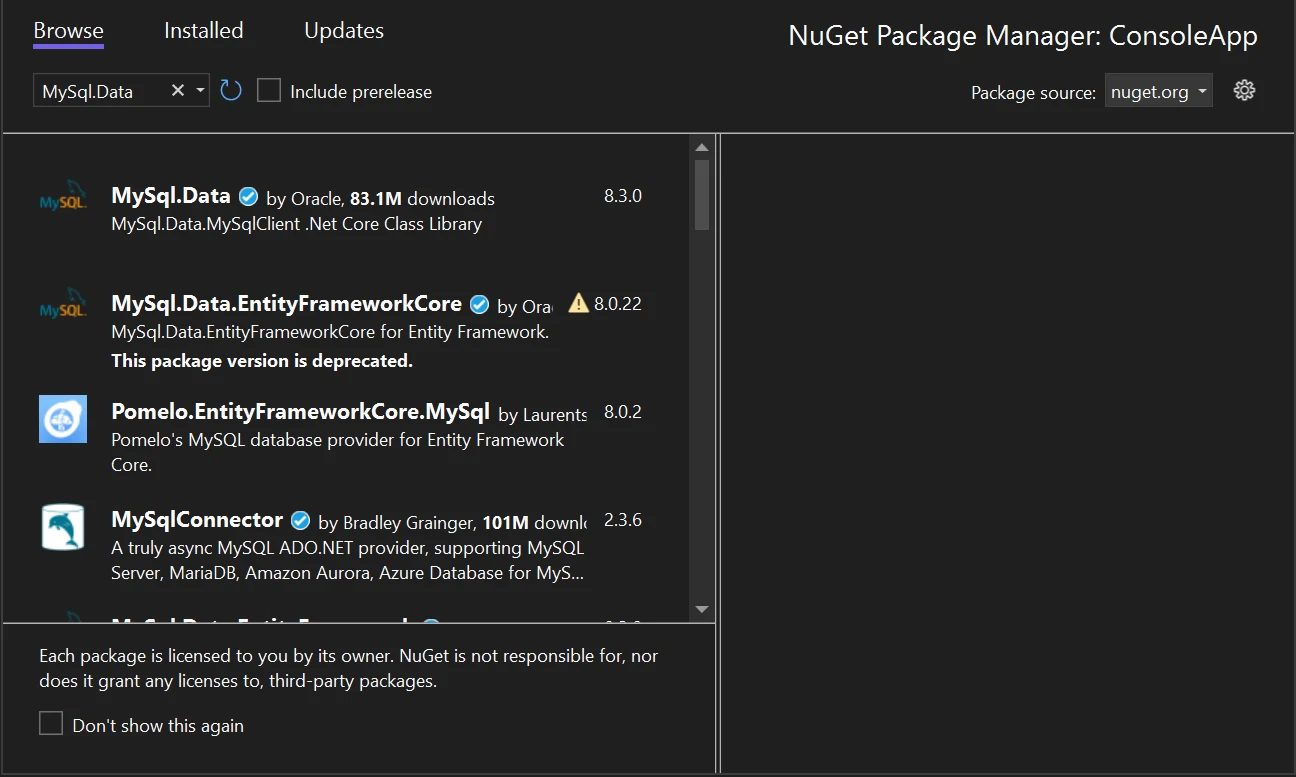 MySqlclient C# (How It Works For Developers): Figure 3 - Install MySql.Data using the Manage NuGet Package for Solution by searching "MySql.Data" in the search bar of NuGet Package Manager, then select the project and click on the Install button.