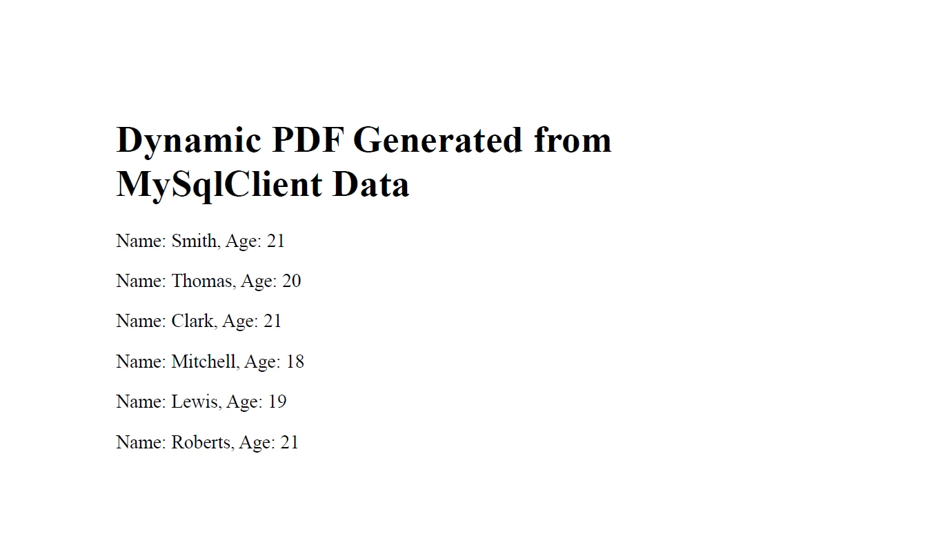 MySqlclient C# (How It Works For Developers): Figure 6 - Output PDF generated from  MySql database data using MySqlClient and IronPDF.