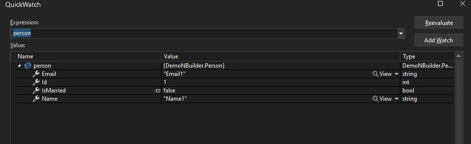 NBuilder .NET (How It Works For Developers): Figure 3 - Person object with values