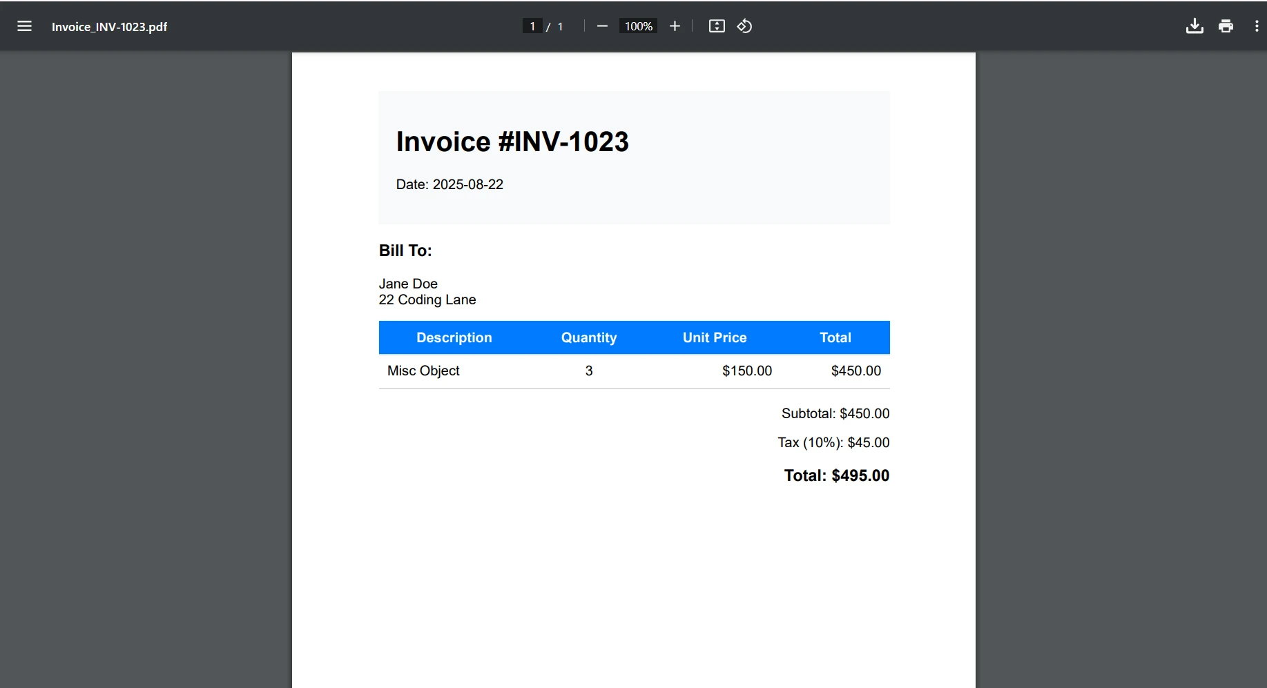 How to create .NET PDF API Using IronPDF: Figure 7 - PDF Invoice output