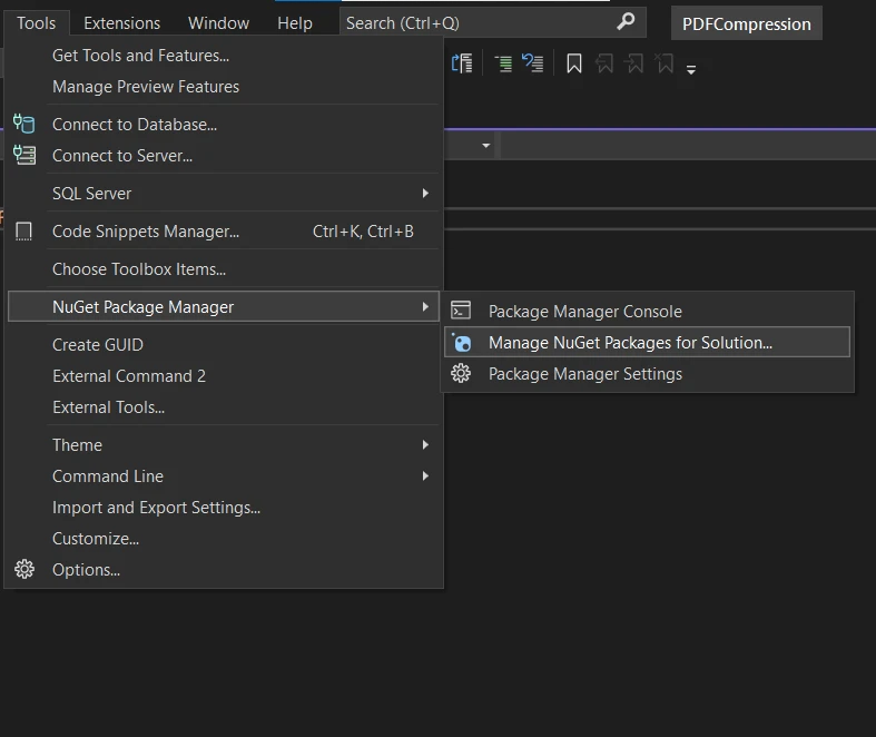 How to Compress PDF Files in .NET Library: Figure 3 - Open your project in Visual Studio. Then go to the Tools menu and choose NuGet Package Manger, then click on Manage NuGet Packages for Solution.