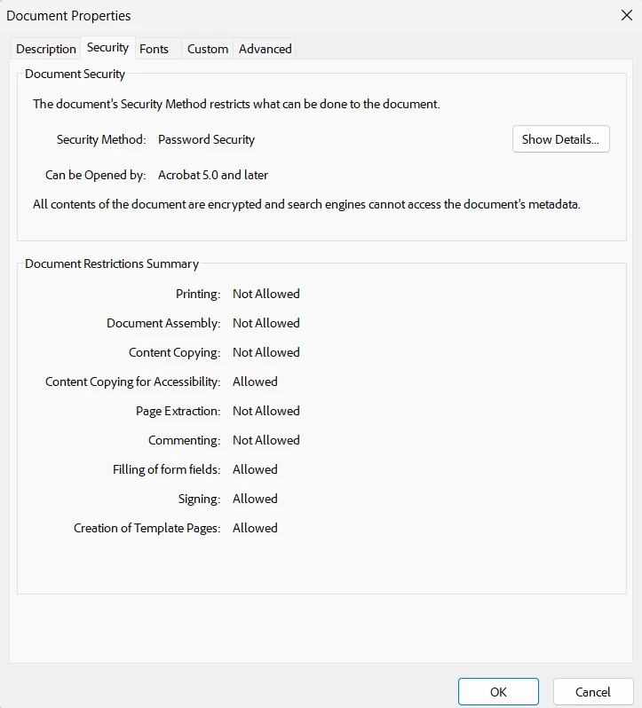 How to Create a PDF in .NET with C#: Figure 7 - PDF security properties
