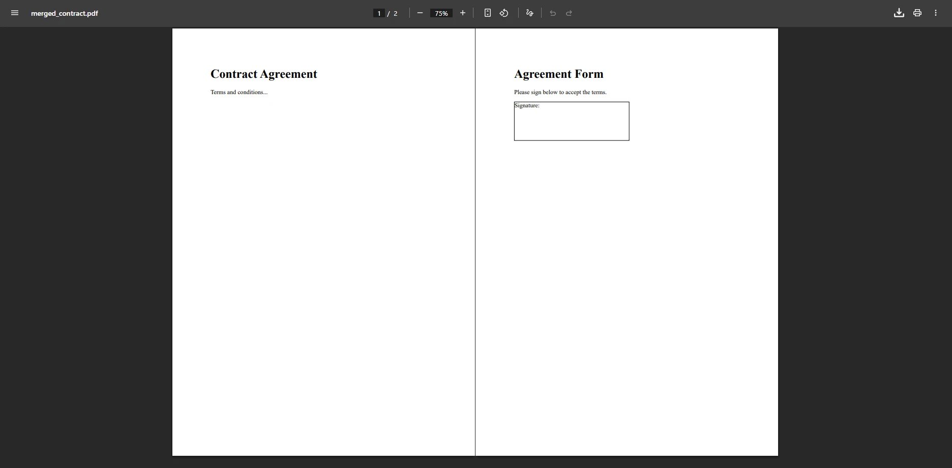.NET PDF Merge Tasks with IronPDF: A Complete C# Guide: Image 6 - Merged Contract PDF document